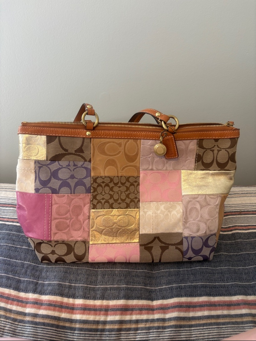Coach Patchwork Signature Tote in Pink, Gold, Tan & Purple